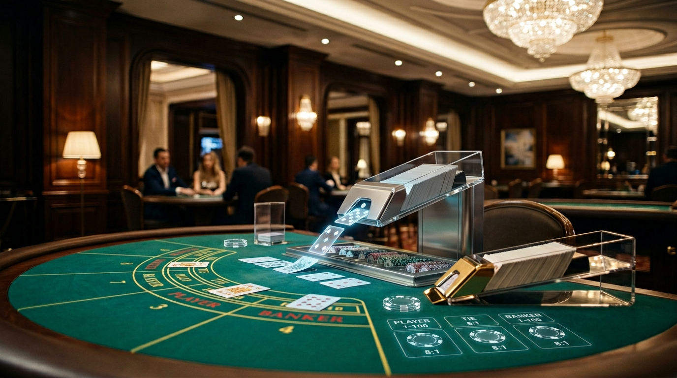 Luksusowy stół do gry w baccarat online z kartami i złotymi akcentami