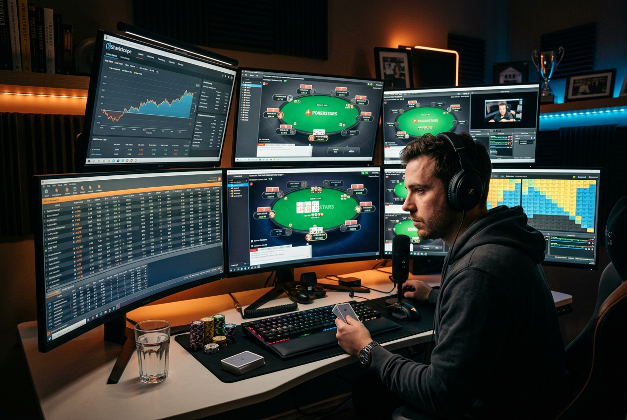 Profesjonalny gracz pokerowy analizujący statystyki przy wielu monitorach
