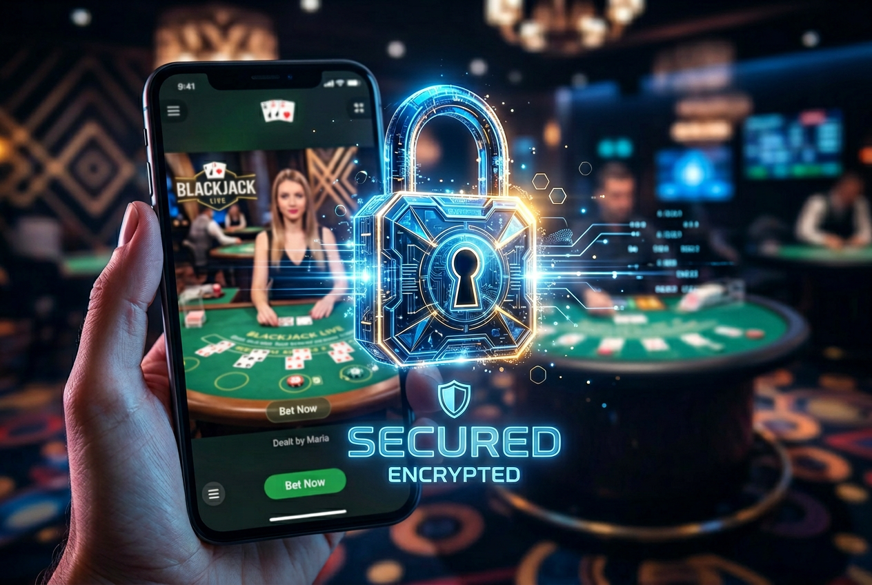 Cybersecurity symbols representing safe online casino transactions and player protection